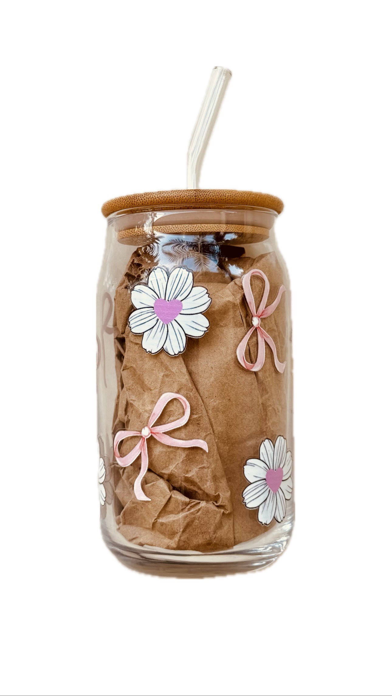 Petal Bow Glass Can Tumbler with Bamboo Lid & Glass Straw | 540 ml