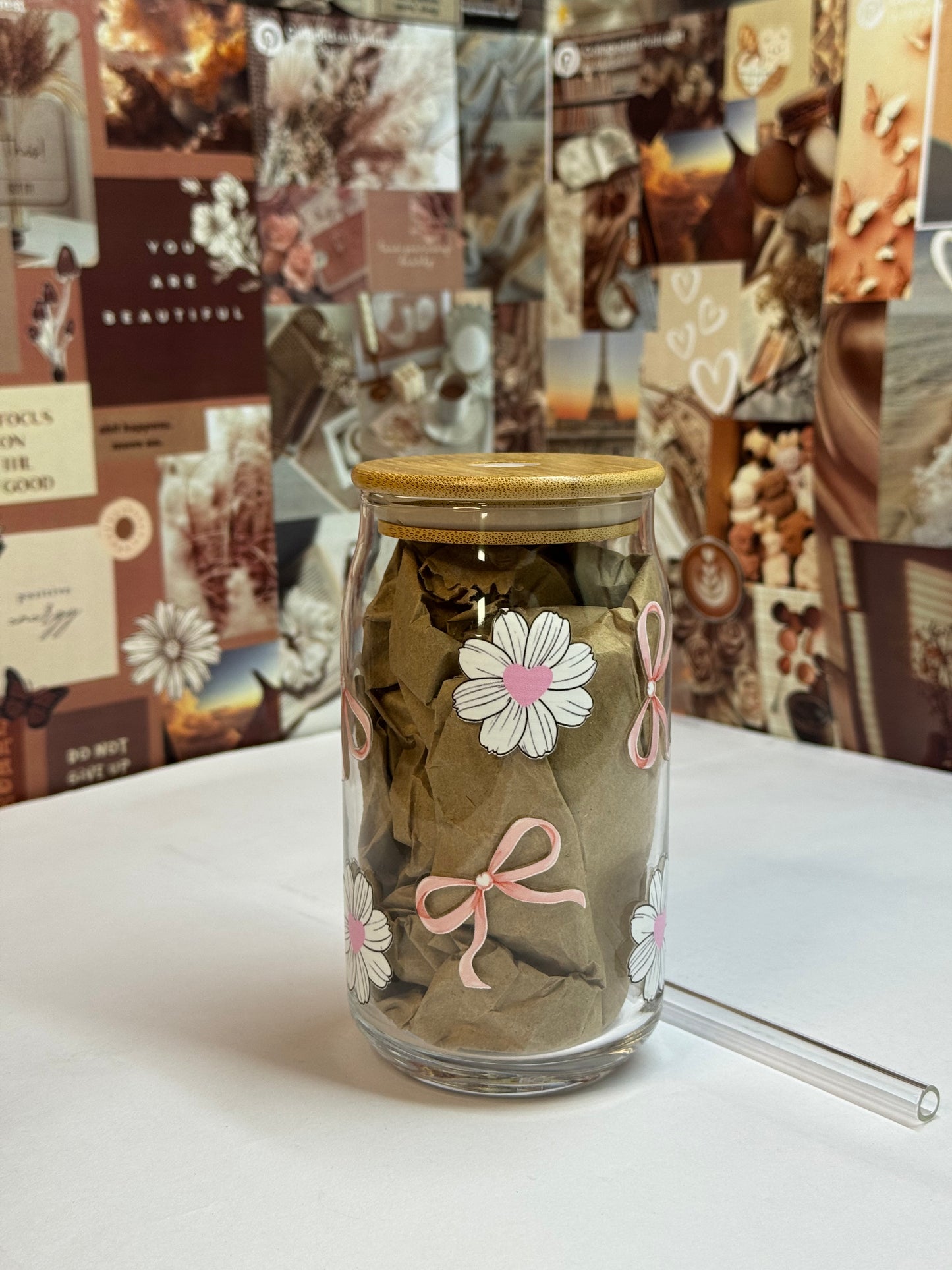 Petal Bow Glass Can Tumbler with Bamboo Lid & Glass Straw | 540 ml