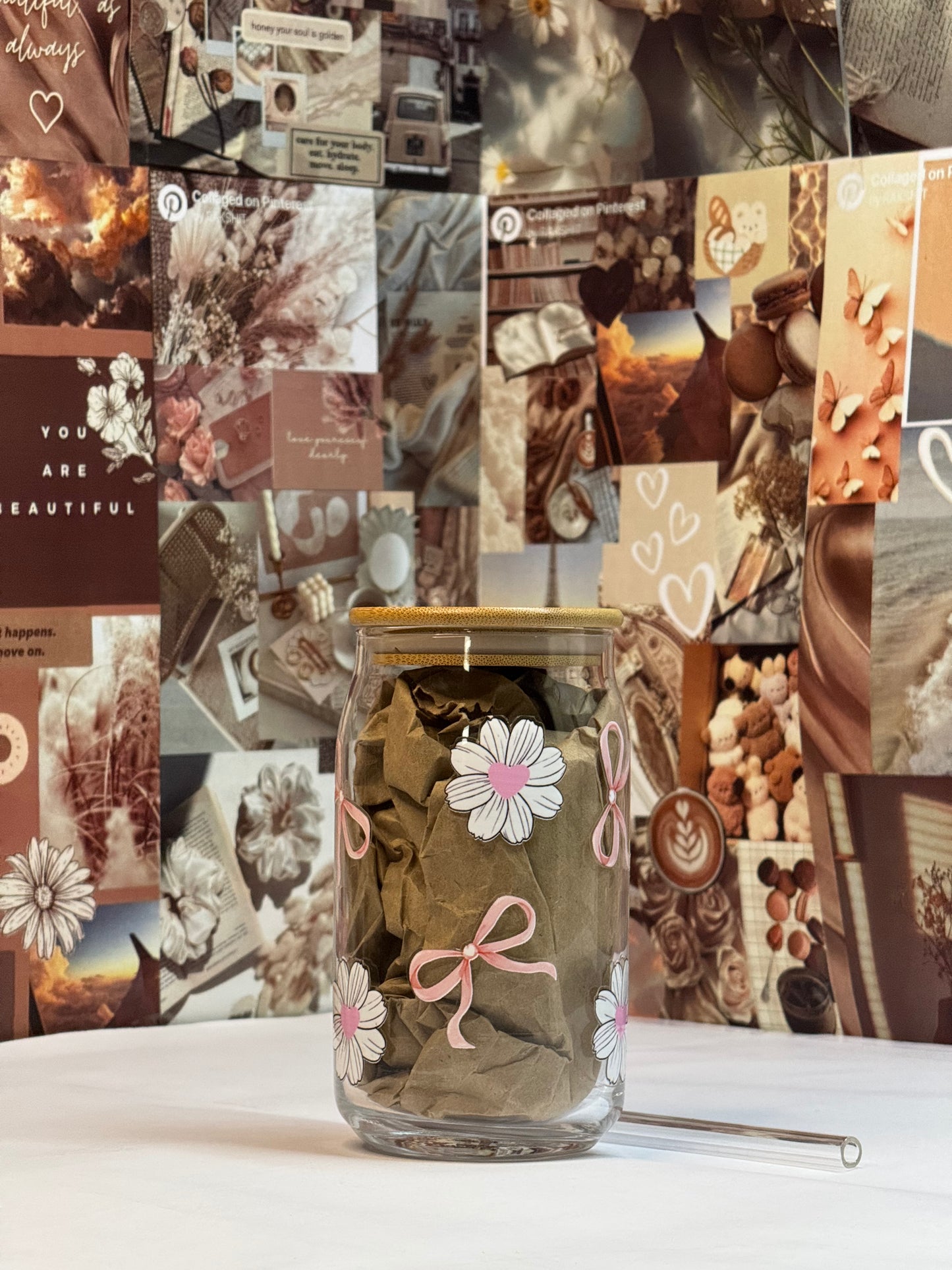 Petal Bow Glass Can Tumbler with Bamboo Lid & Glass Straw | 540 ml