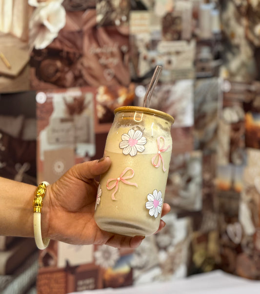 Petal Bow Glass Can Tumbler with Bamboo Lid & Glass Straw | 540 ml