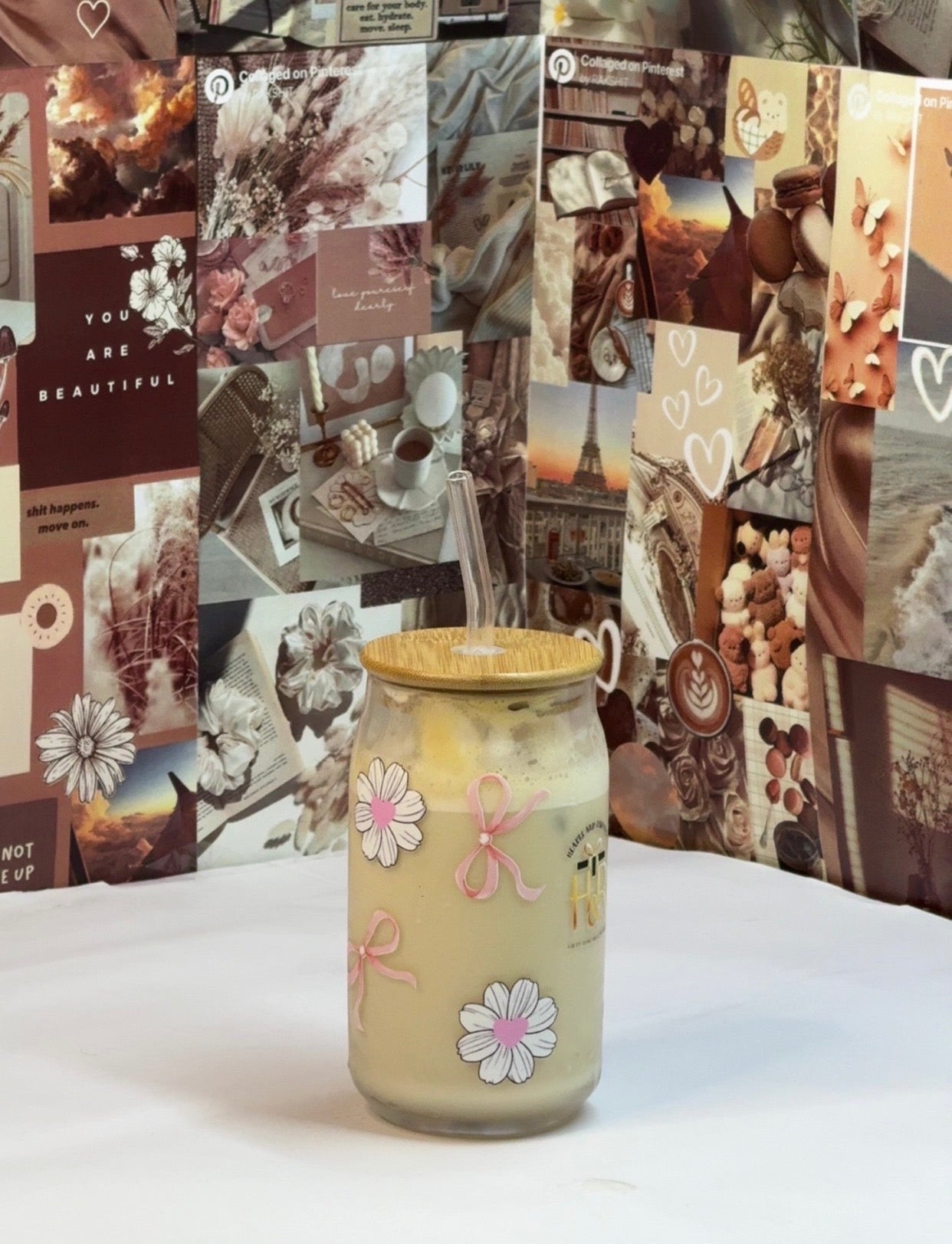 Petal Bow Glass Can Tumbler with Bamboo Lid & Glass Straw | 540 ml